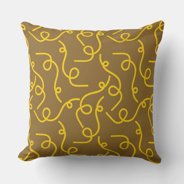 Whimsical Yellow Rope Patterns on Brown Back Throw Pillow (Front)