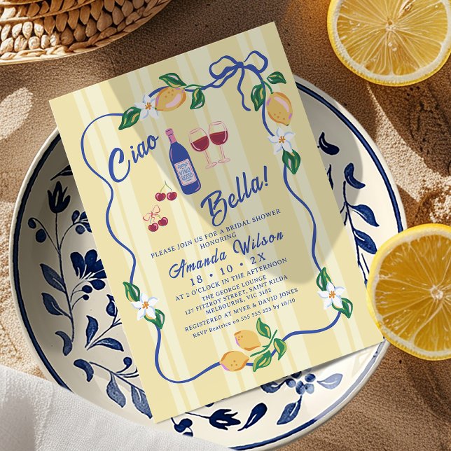 Whimsical Yellow Strip Ciao Bella Bridal Shower Invitation (Ciao Bella Bridal Shower Invitation Template, Italian Ciao Bella Bridal Shower Invite, Whimsical)
