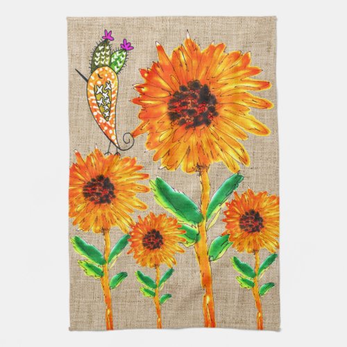 Whimsical Yellow Sunflowers and Bird Kitchen Towel