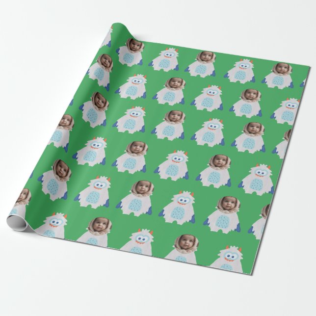 Whimsical Yeti Face Photo Kids Christmas  Wrapping Paper (Unrolled)
