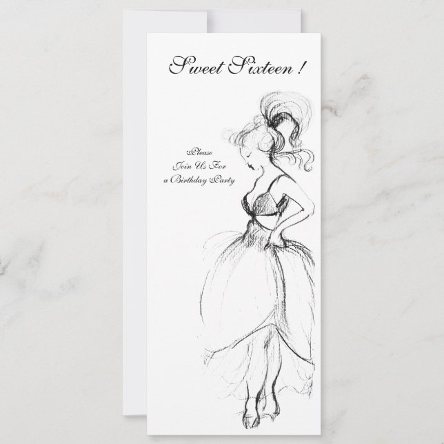 WHIMSICAL YOUNG GIRL SWEET 16 PARTY Black White Invitation (Front)