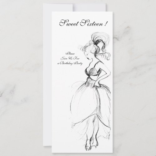 WHIMSICAL YOUNG GIRL SWEET 16 PARTY Black White Invitation
