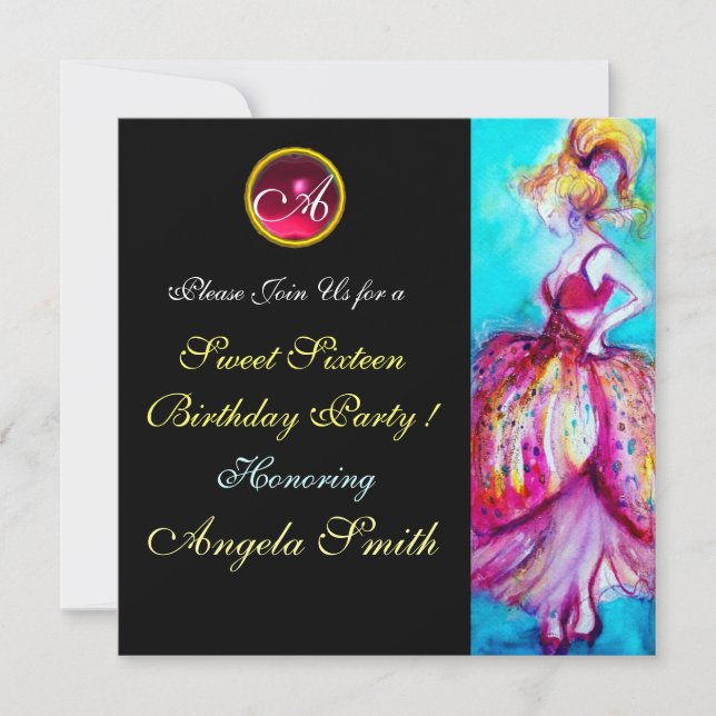 WHIMSICAL YOUNG GIRL SWEET 16 PARTY GEM MONOGRAM INVITATION (Front)