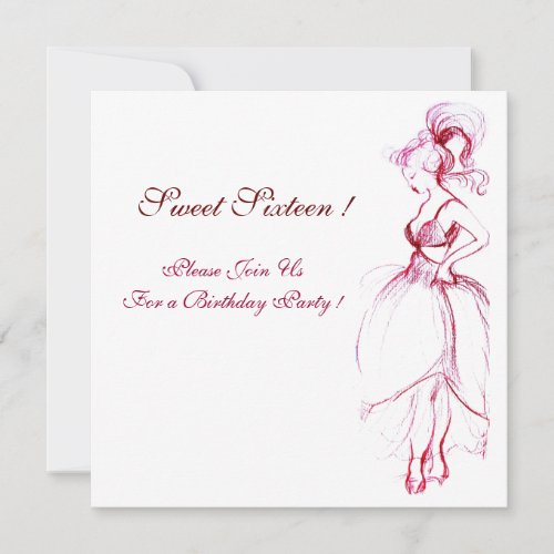 WHIMSICAL YOUNG GIRL SWEET 16 PARTYred pink white Invitation