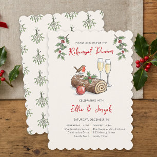 Whimsical Yule Log Holiday Rehearsal Dinner Invitation