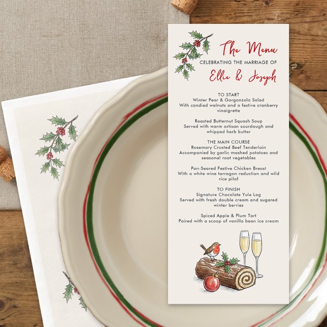 Whimsical Yule Log Holiday Wedding Menu (Editable Menu from the Whimsical Champagne Tower Holiday Wedding Collection by Darling & May)
