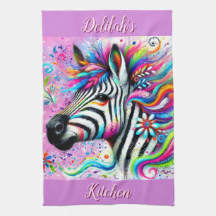 Whimsical Zebra Floral Pink Teal Green Daisy Kitchen Towel