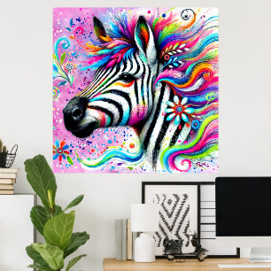 Whimsical Zebra Floral Pink Teal Green Daisy Poster