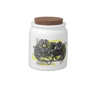 Whimsical Zen Doodle Monochrome Flowers Yellow Acc Candy Jar
