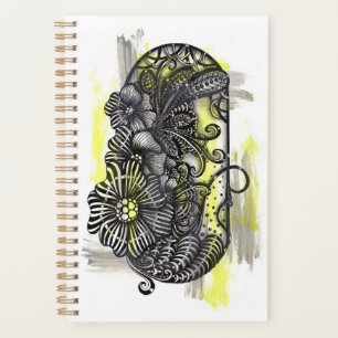 Whimsical Zen Doodle Monochrome Flowers Yellow Acc Planner