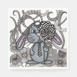 Whimsical Zentangle Rabbit with Checkered Tie Squa Napkins