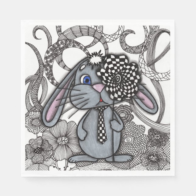Whimsical Zentangle Rabbit with Checkered Tie Squa Napkins (Front)