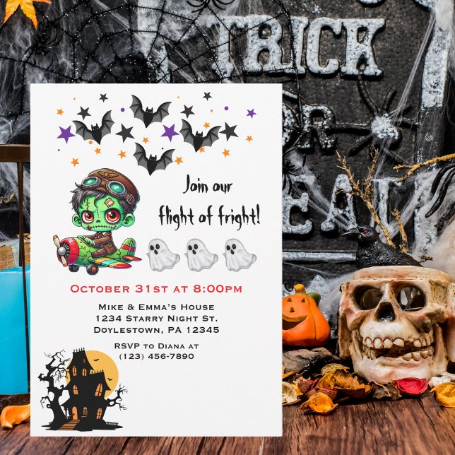 Whimsical Zombie Pilot Airplane Cute Ghosts & Bats Invitation (Creator Uploaded)