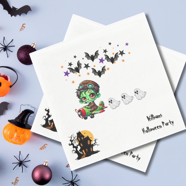Whimsical Zombie Pilot Airplane Cute Ghosts & Bats Napkins (Creator Uploaded)