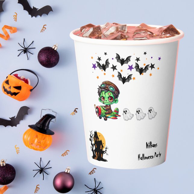 Whimsical Zombie Pilot Airplane Cute Ghosts & Bats Paper Cups (Creator Uploaded)