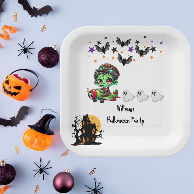 Whimsical Zombie Pilot Airplane Cute Ghosts & Bats Paper Plates (Creator Uploaded)