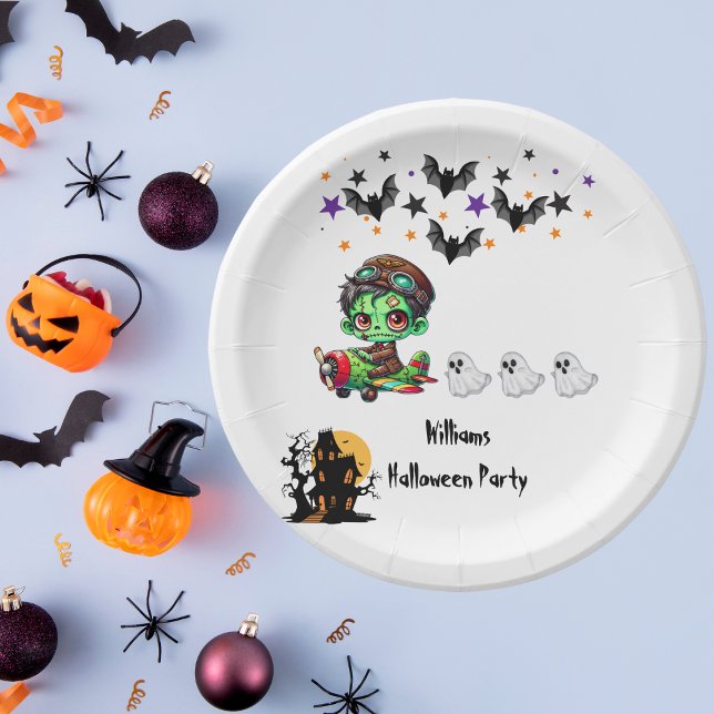 Whimsical Zombie Pilot Airplane Cute Ghosts & Bats Paper Plates (Creator Uploaded)