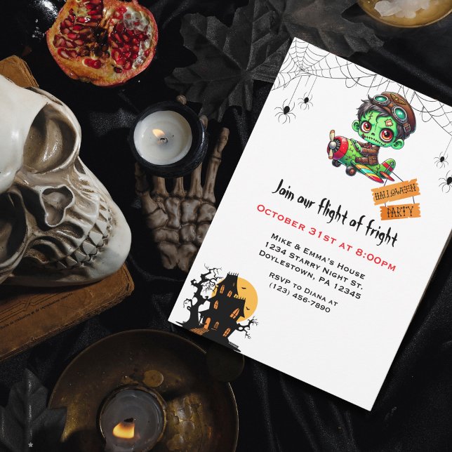 Whimsical Zombie Pilot Airplane Kids Halloween  Invitation (Invitation)