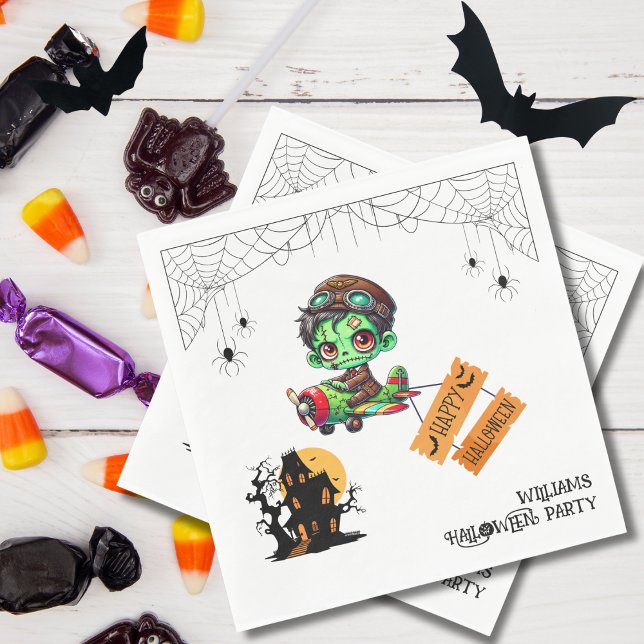 Whimsical Zombie Pilot Airplane Kids Halloween  Napkins (Personalize it with a name on the bottom right hand corner.)