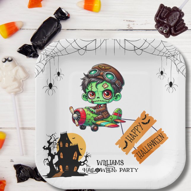 Whimsical Zombie Pilot Airplane Kids Halloween  Paper Plates (Creator Uploaded)