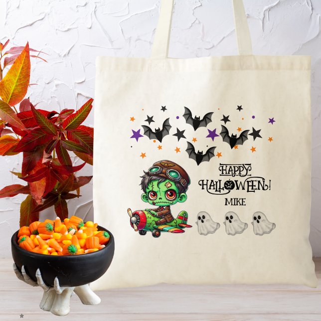 Whimsical Zombie Pilot Airplane Kids Halloween  Tote Bag (Creator Uploaded)