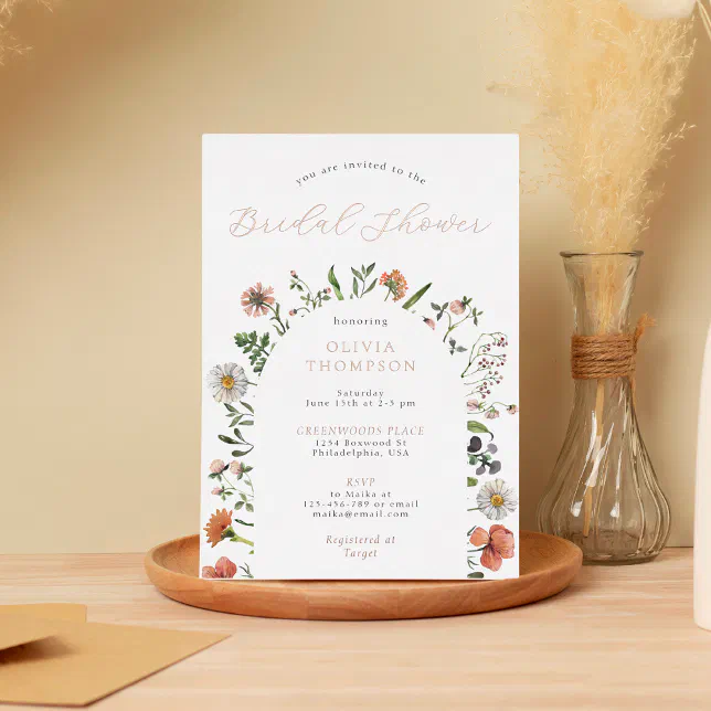 Whimsical Spring Invitations WhimsicalBoho Spring Wildflower Arch Bridal Shower Foil Invitation | Zazzle