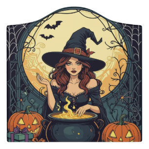 Whimsically Enchanting Witch With Spiders and Jack Door Sign