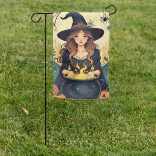 Whimsically Enchanting Witch With Spiders  Garden Flag
