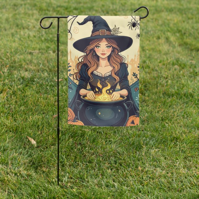 Whimsically Enchanting Witch With Spiders  Garden Flag (In SItu)