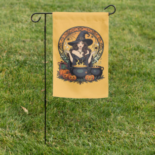 Whimsically Enchanting Witch With Spiders Garden Flag
