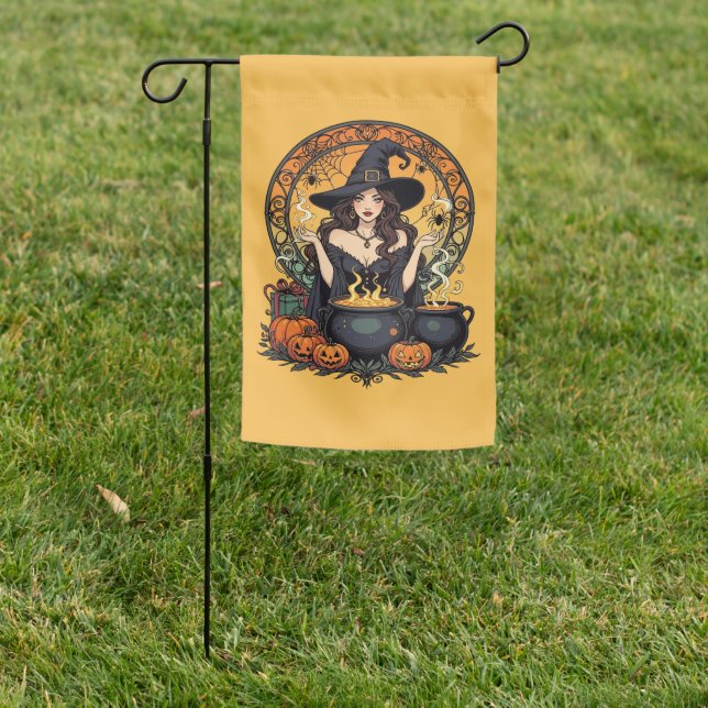 Whimsically Enchanting Witch With Spiders Garden Flag (In SItu)