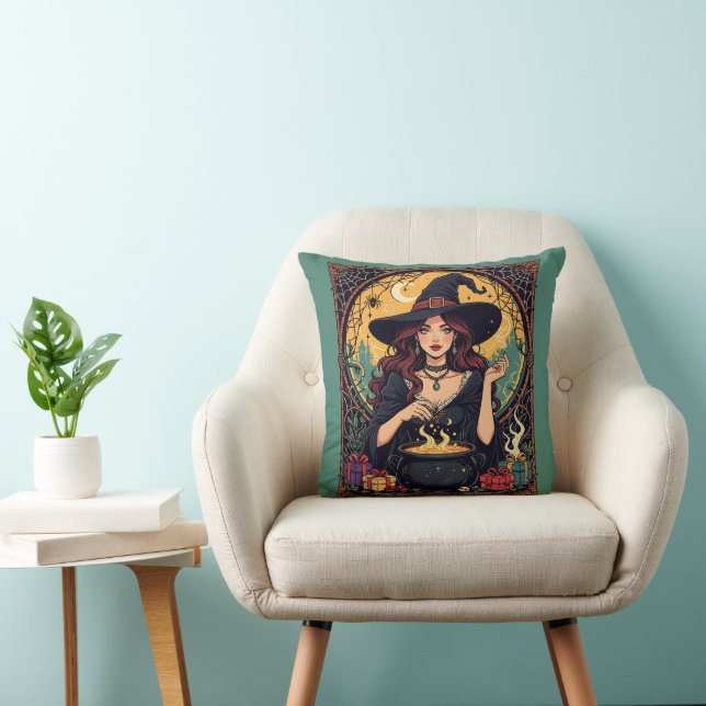 Whimsically Enchanting Witch With Spiders Throw Pillow (Chair)