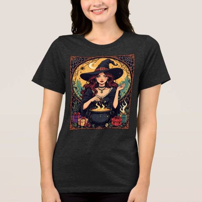 Whimsically Enchanting Witch With Spiders Tri-Blend Shirt (Front)