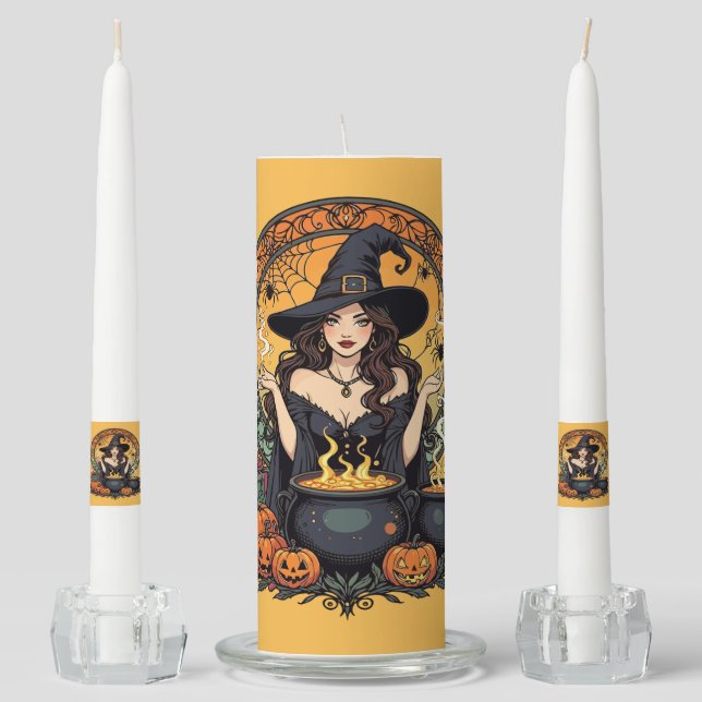 Whimsically Enchanting Witch With Spiders Unity Candle Set (Front)