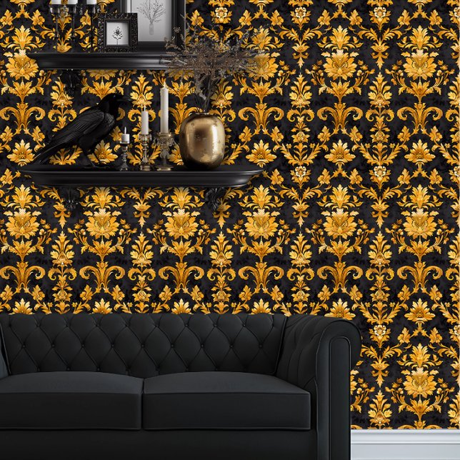 Whimsigoth Black and Gold Detailed Wallpaper (Whimsigoth Yellow Damask on Black wallpaper behind a black couch.)