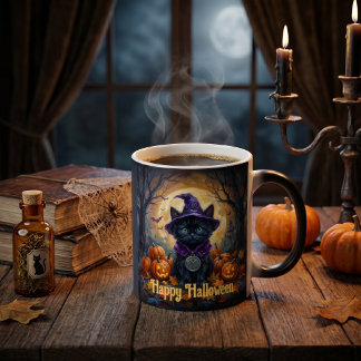 Whimsigoth Black Cat Algiz Rune Halloween Magic Color Morph Mug