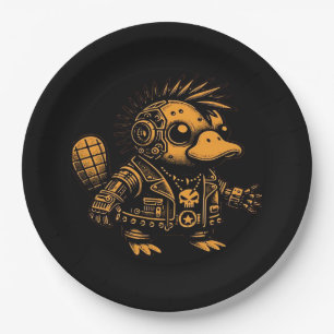 Whimsigoth Cyborg Platypus Vintage Art Design Paper Plates