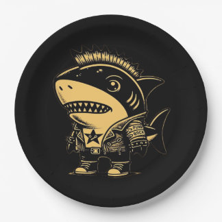 Whimsigoth Cyborg Shark Vintage Art Design Paper Plates
