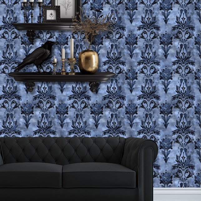 Whimsigoth Dusty Blue Elegant Wallpaper (Whimsigoth Dusty Blue Damask wallpaper behind a black couch.)