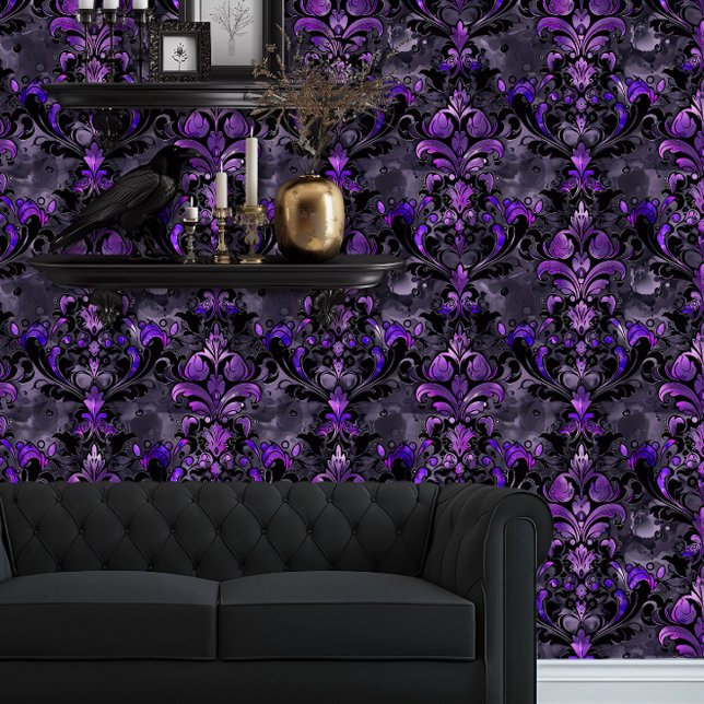 Whimsigoth Funky Delicate Purple Wallpaper (Whimsigoth Dark Purple and Black Damask wallpaper behind a black couch and goth floating shelves)