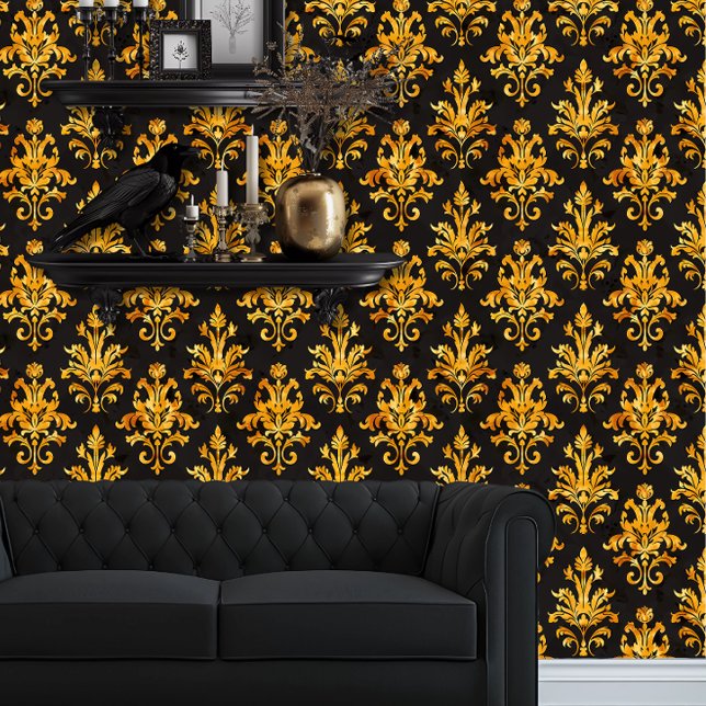 Whimsigoth Gold Fauna on Black Wallpaper (Whimsigoth Yellow Damask on Black wallpaper behind a black couch.)