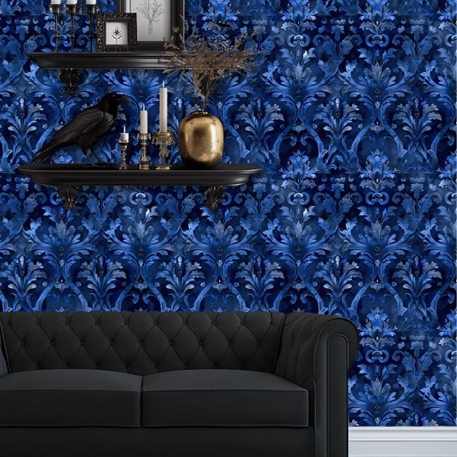 Whimsigoth Intricate Blue Wallpaper (Whimsigoth Royal Blue Damask wallpaper behind a black couch.)