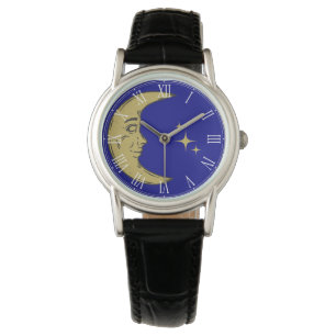 Whimsigoth Navy Blue and Gold Moon Face Watch