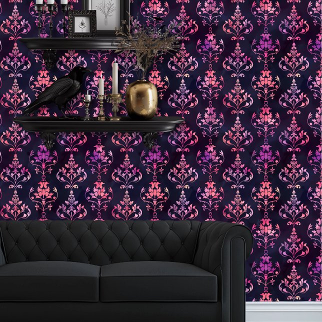Whimsigoth Peach and Purple Ombre Elegant Wallpaper (Whimsigoth Purple & Peach Damask wallpaper behind a black couch.)