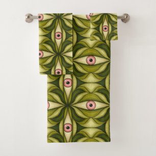 Whimsigoth Pink Eye Green Botanical Maximalist Art Bath Towel Set