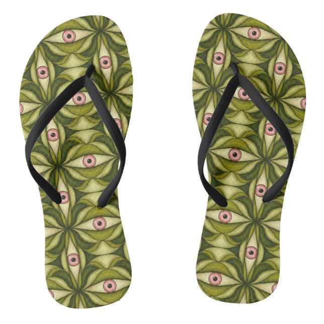 Whimsigoth Pink Eye Green Botanical Maximalist Art Flip Flops (Footbed)