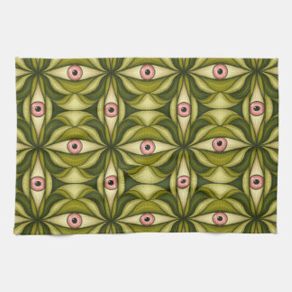 Whimsigoth Pink Eye Green Botanical Maximalist Art Kitchen Towel