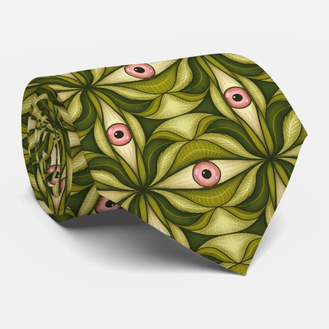 Whimsigoth Pink Eye Green Botanical Maximalist Art Neck Tie (Rolled)