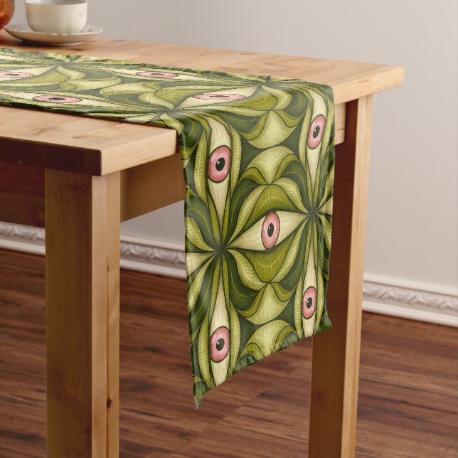 Whimsigoth Pink Eye Green Botanical Maximalist Art Short Table Runner (In Situ)