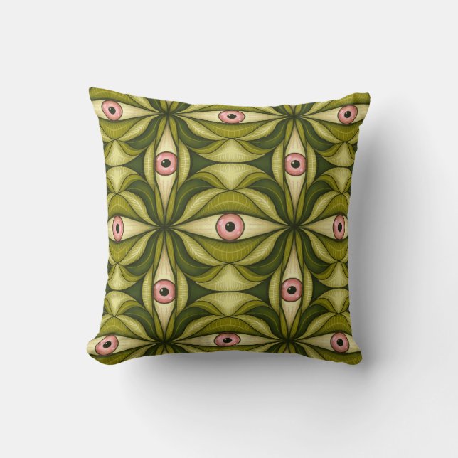 Whimsigoth Pink Eye Green Botanical Maximalist Art Throw Pillow (Front)